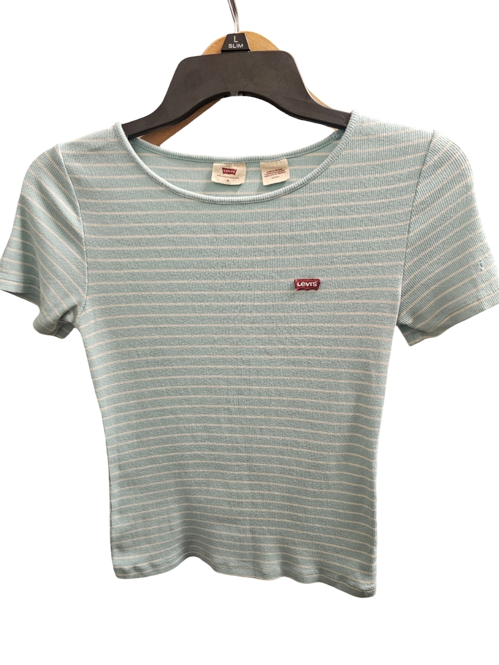 Levi’s Ribbed Striped Baby Tee Womens Size Small Blue White Slim Fit Top